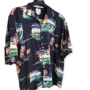 TOMMY BAHAMA Hawaiian Short Sleeve Aloha Palm Sailing Silk Camp Shirt Large